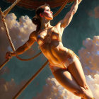 Woman in bejeweled bikini swings under dramatic sky