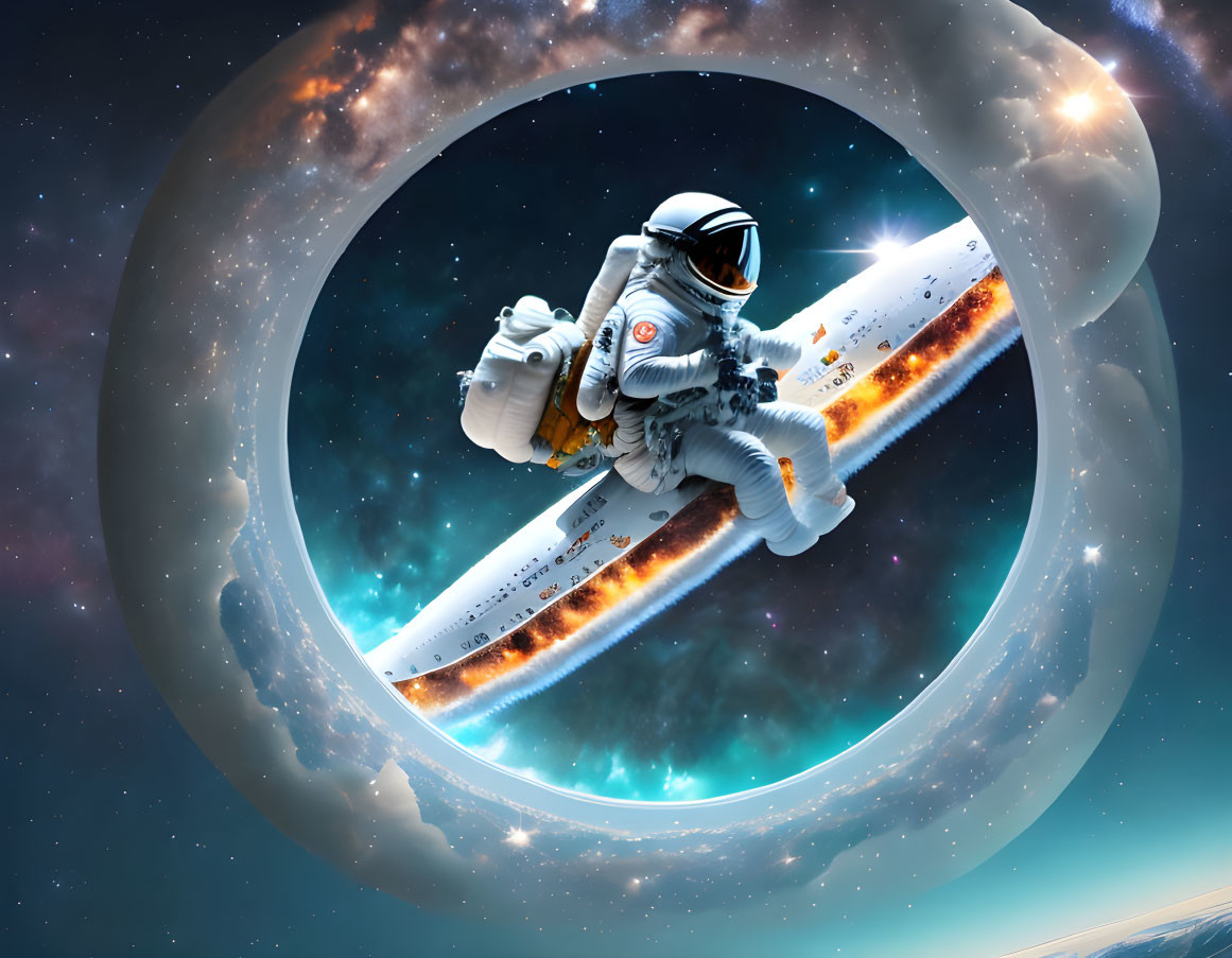 Astronaut in jetpack entering cosmic portal with vibrant nebula.