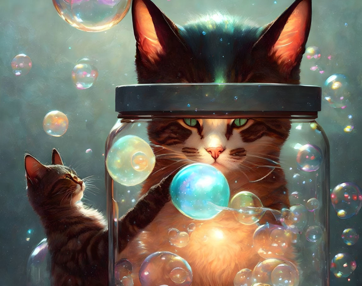 Two cats with soap bubbles: one in jar, one admiring.