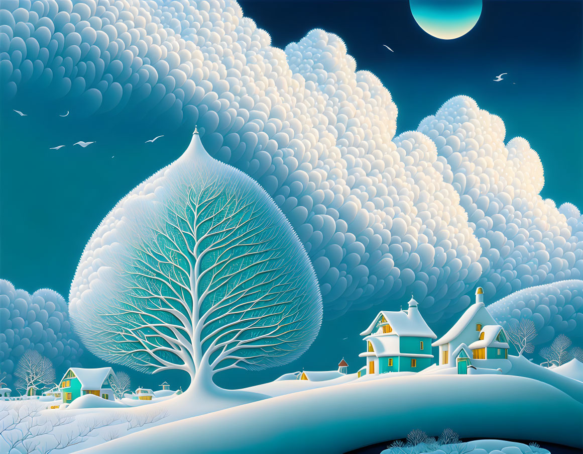 Surreal winter landscape with stylized tree, full moon, small cottage