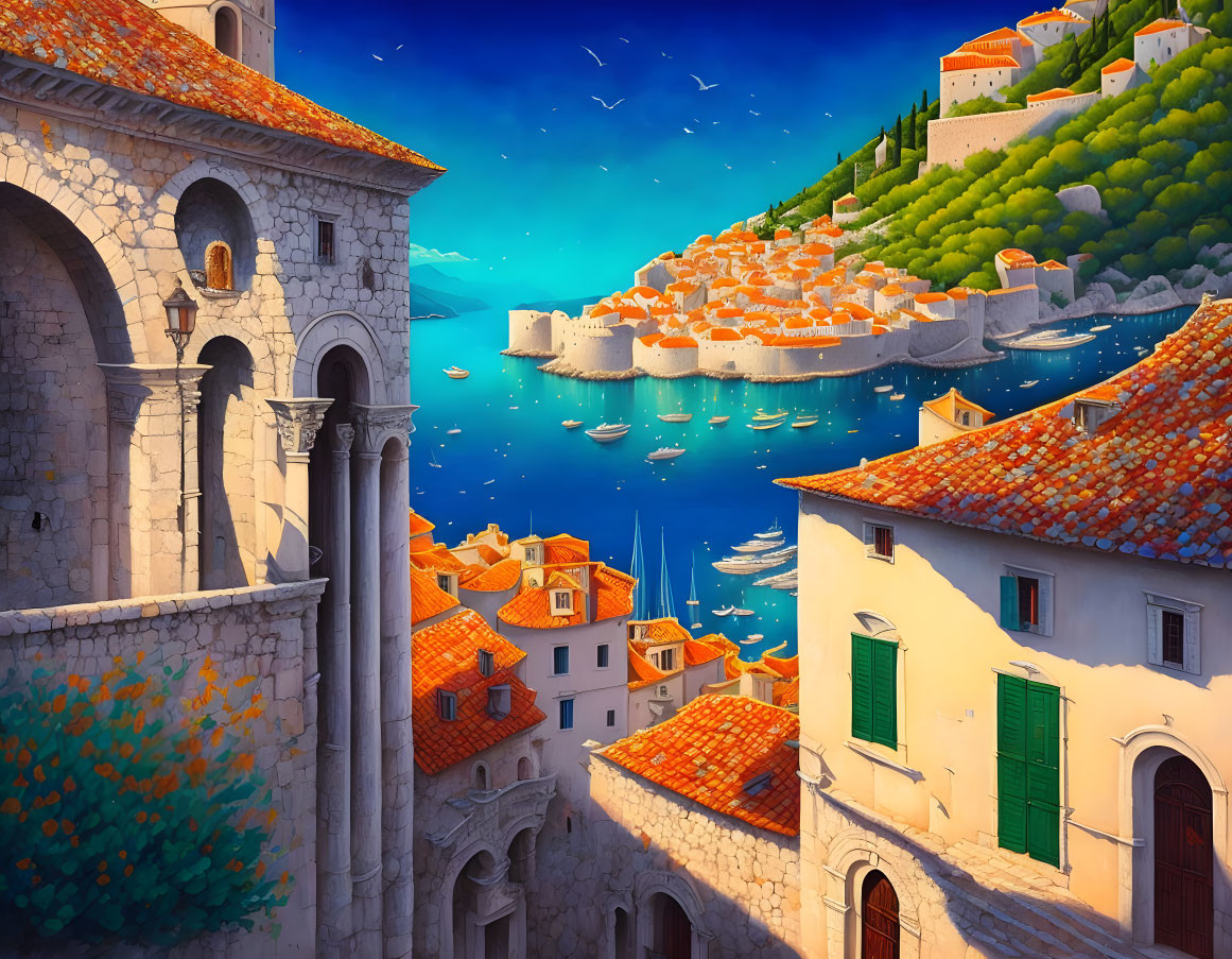 Vibrant coastal scene: orange rooftops, aquamarine sea, boats, clear sky,