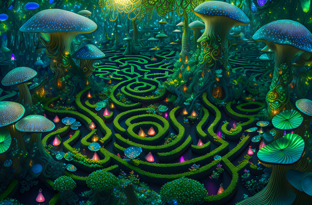 Luminous psychedelic mushroom forest with glowing pathways