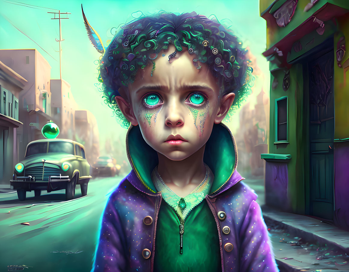 Child with green curly hair in surreal street with vintage cars and colorful buildings