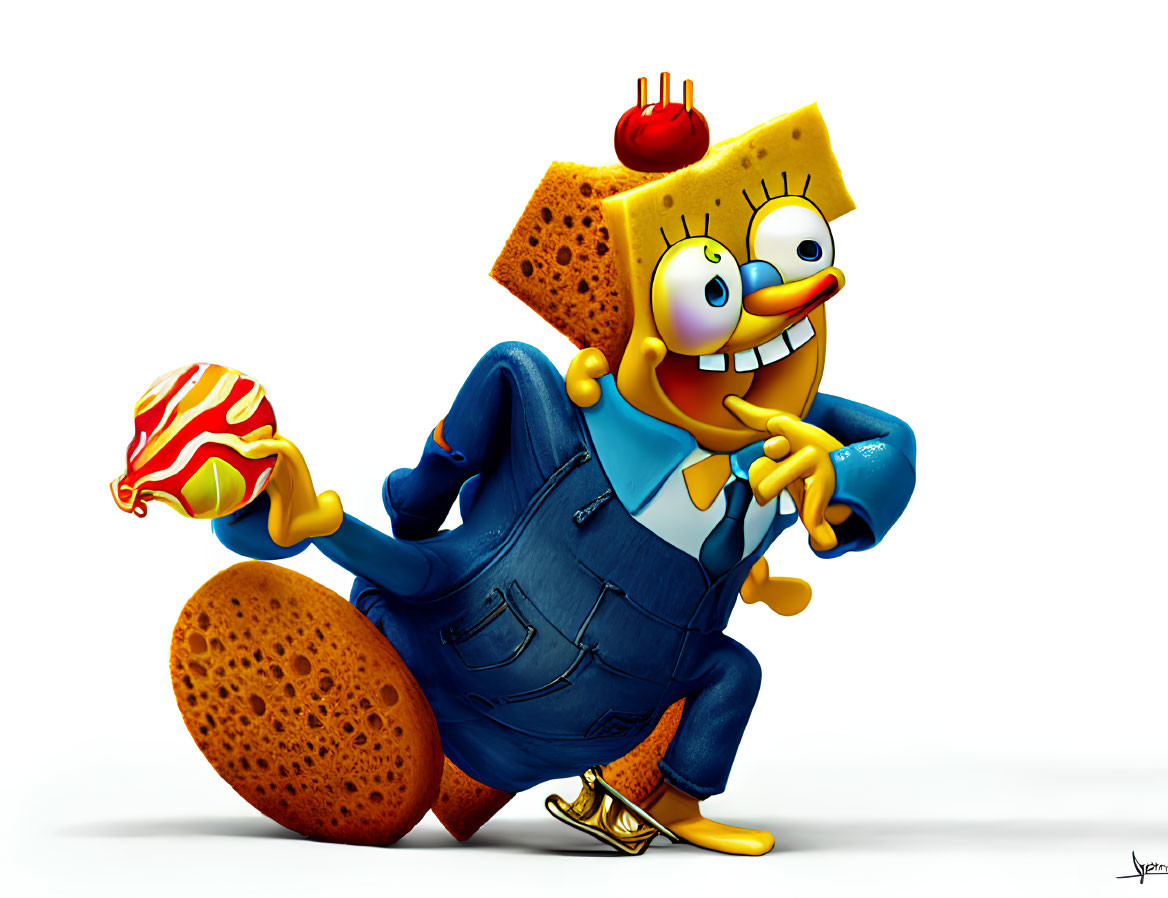 3D illustration of SpongeBob SquarePants in blue suit and tie with spatula and Krabby