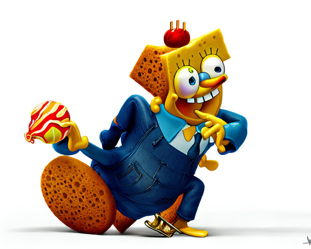 3D illustration of SpongeBob SquarePants in blue suit and tie with spatula and Krabby