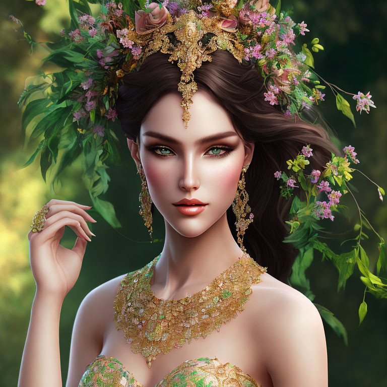 Woman with Floral Crown and Green Attire in Nature Setting