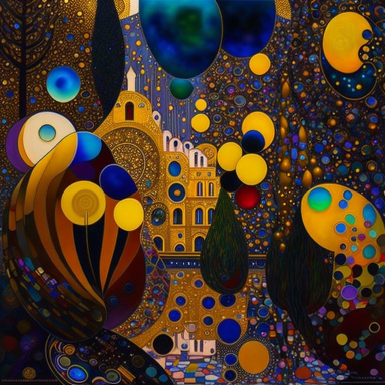 Colorful abstract painting with circular shapes and architectural elements in gold, blue, and various colors depicting a