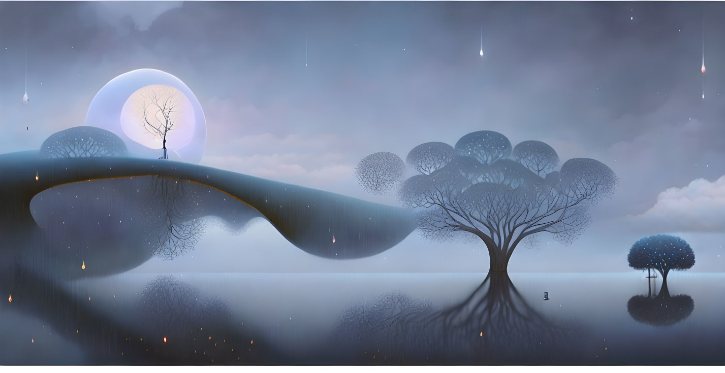 Moonlit Landscape with Reflecting Trees and Falling Stars