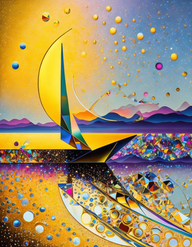 Colorful Geometric Sailboat Artwork with Mountain and Starry Sky Background