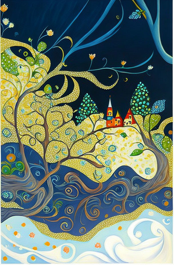 Colorful forest and castle painting with stylized trees and swirling patterns