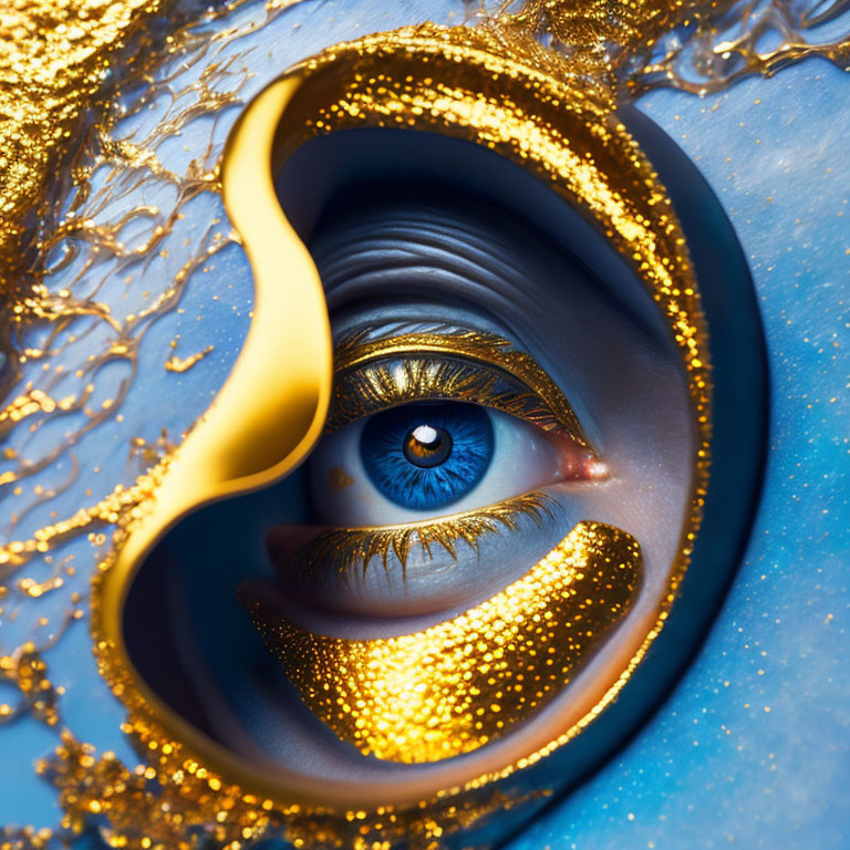 Blue iris eye close-up with golden glitter on blue background