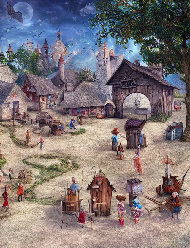 Medieval village scene with timbered houses and castle spires