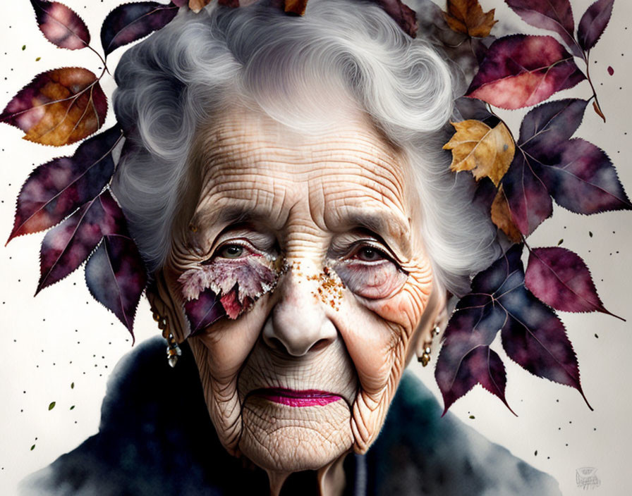 Elderly Woman with Blue Eyes and White Hair Among Autumn Leaves