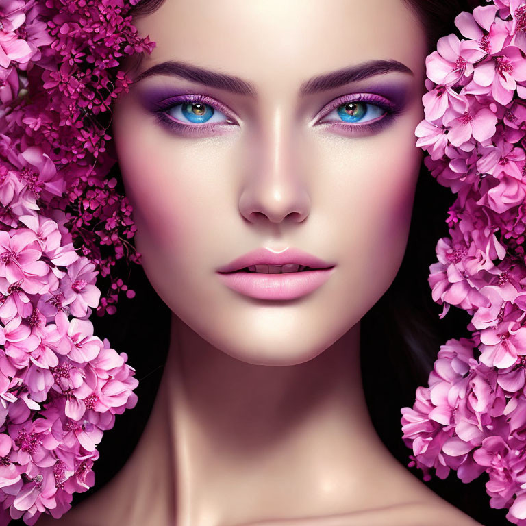 Woman's Face with Vibrant Pink Flowers and Striking Blue Eyes