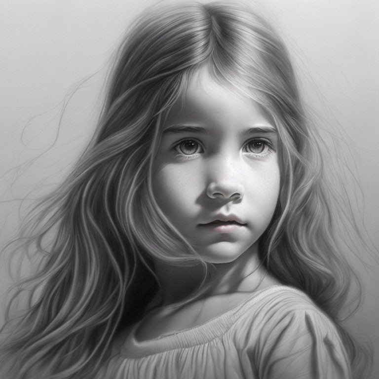 Monochromatic portrait of young girl with long, wavy hair