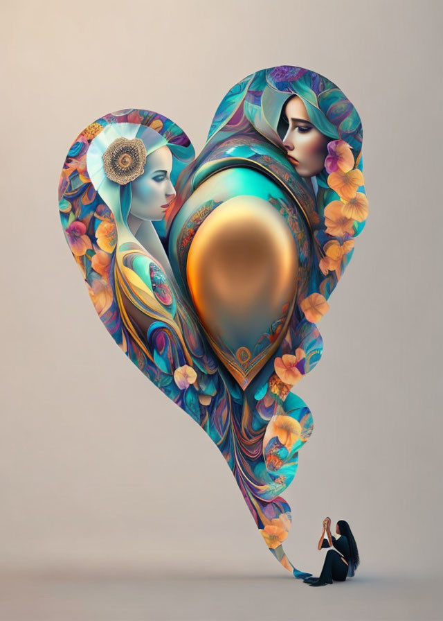 Person Contemplating Surreal Heart-Shaped Artwork with Feminine Faces