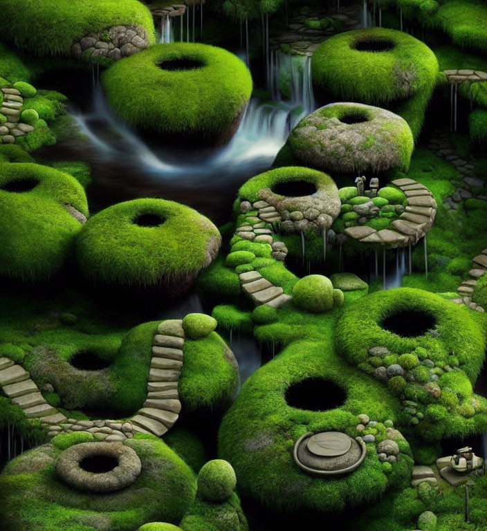 Digital artwork: Mossy landscape with green hills, stone paths, and waterfalls