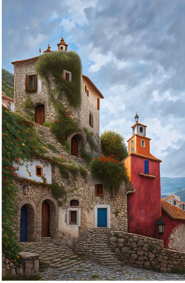 Stone house with greenery, flowers, red tower, bell, and cross under cloudy sky