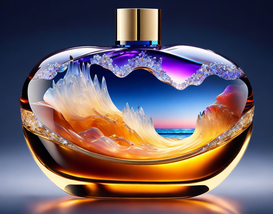 Luxurious Perfume Bottle with Swirling Orange and Blue Design