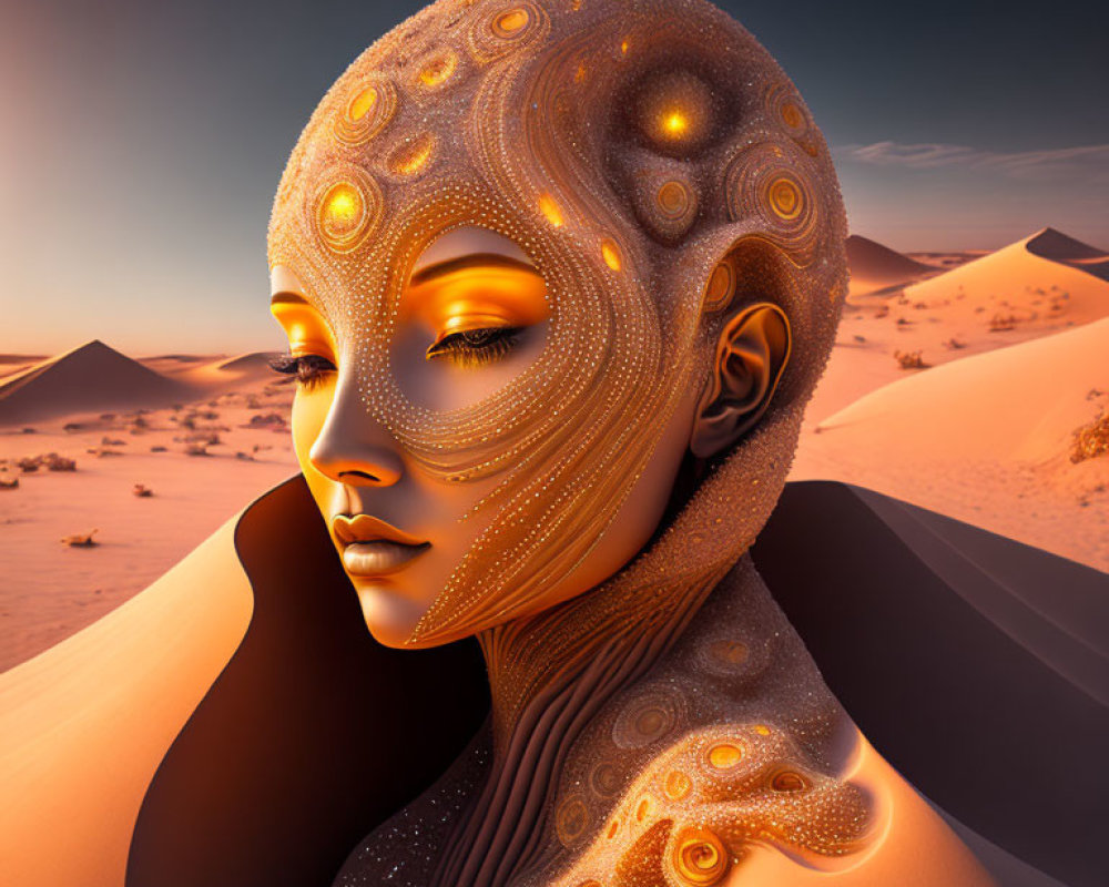 Otherworldly Female Figure with Golden Skin in Desert Sunset Scene