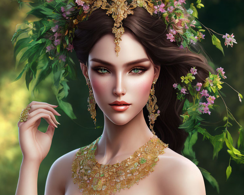 Woman with Floral Crown and Green Attire in Nature Setting