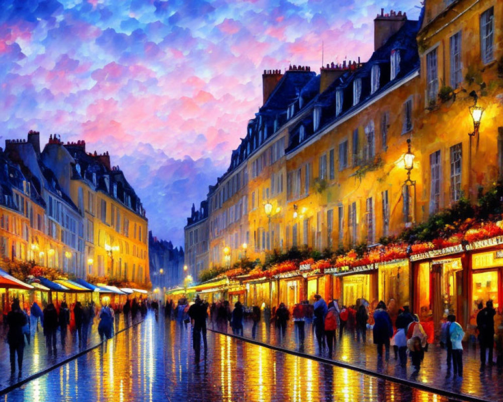 Colorful evening street scene with illuminated shops and vibrant sky.