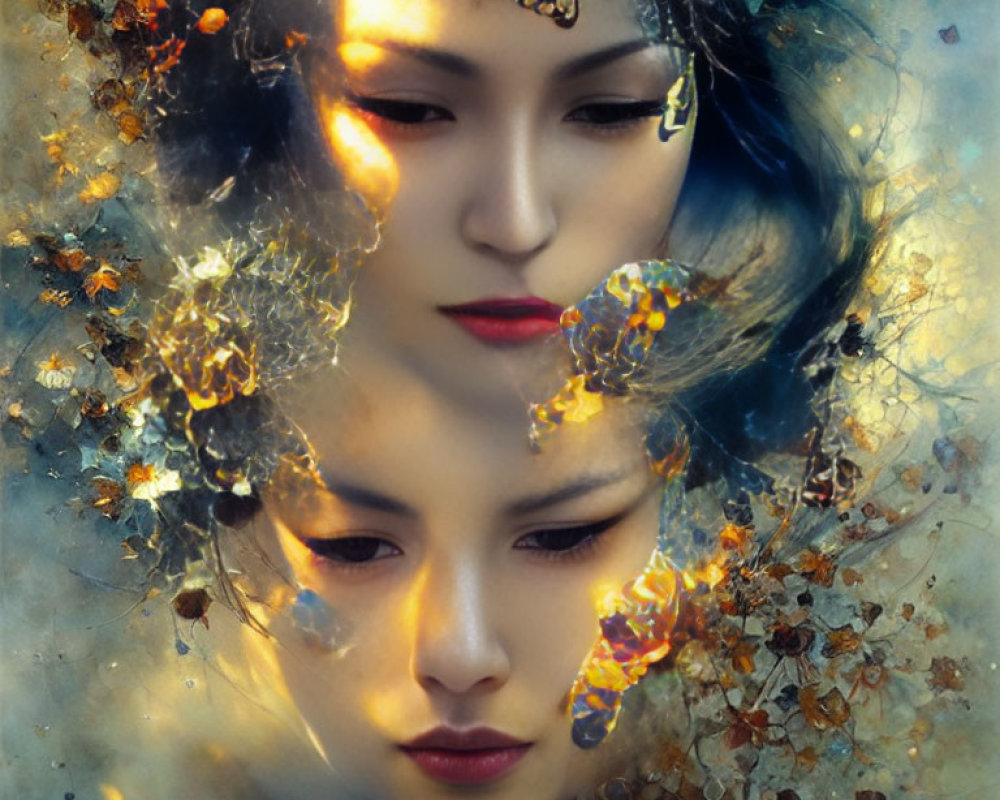 Double exposure portrait of woman with serene expression, overlaid with autumn leaves and butterflies