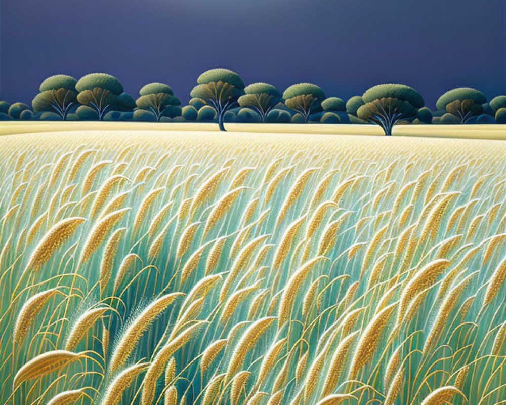 Tranquil landscape with golden wheat field, row of trees, and violet twilight sky