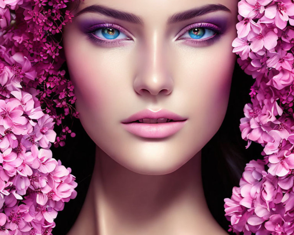 Woman's Face with Vibrant Pink Flowers and Striking Blue Eyes