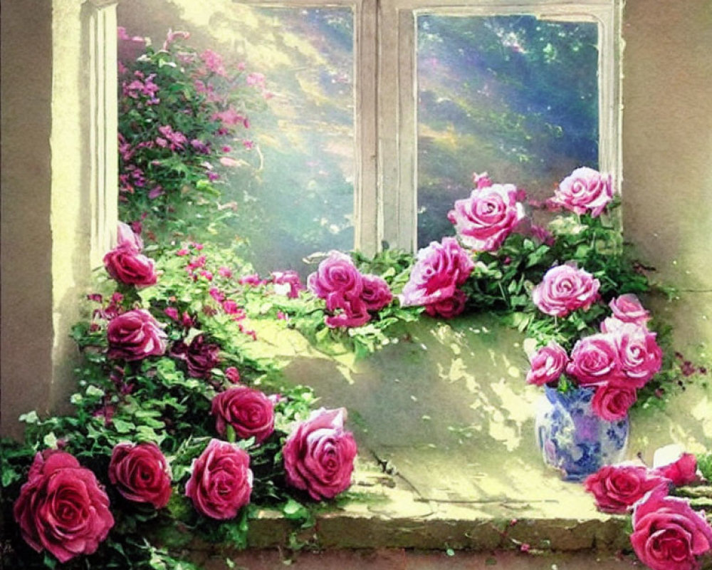 Pink roses and green foliage in serene window setting