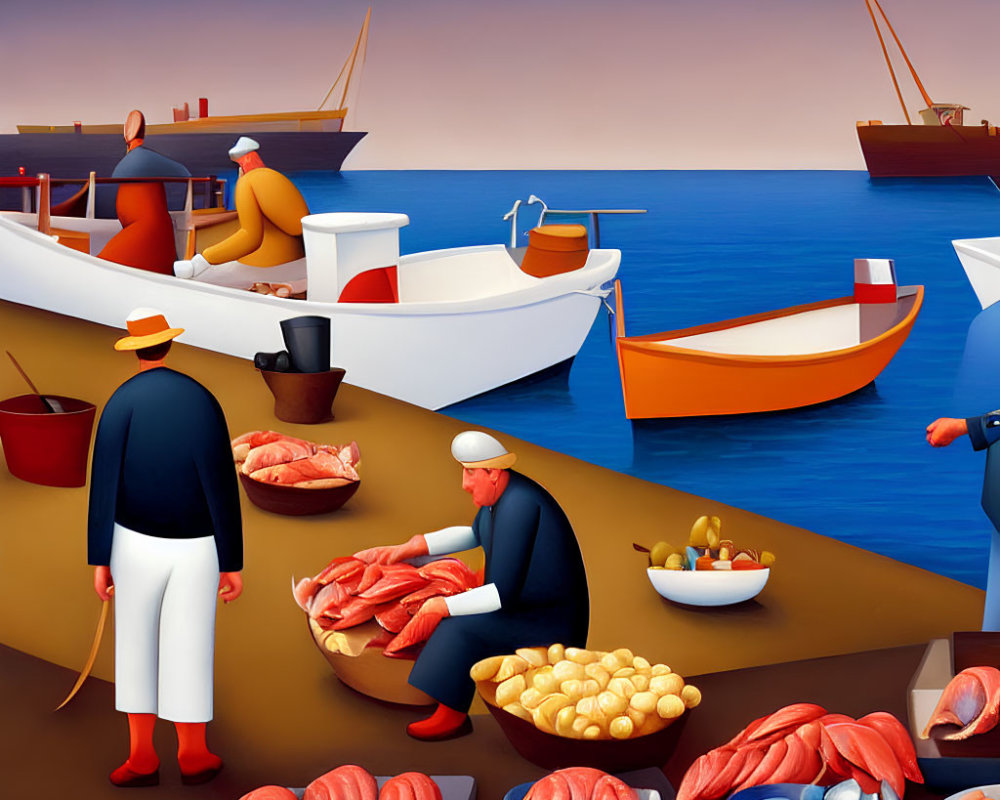 Stylized painting of sailors and fishmongers by the sea