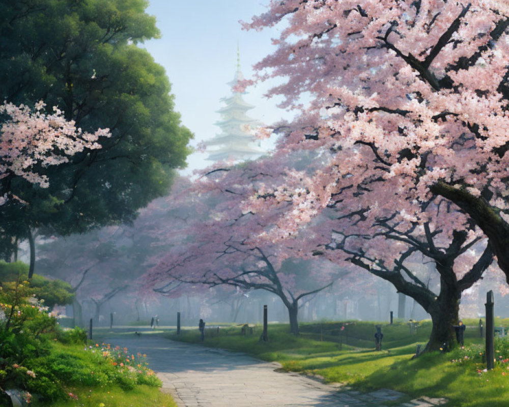 Cherry Blossom-Lined Path to Pagoda on Sunny Day