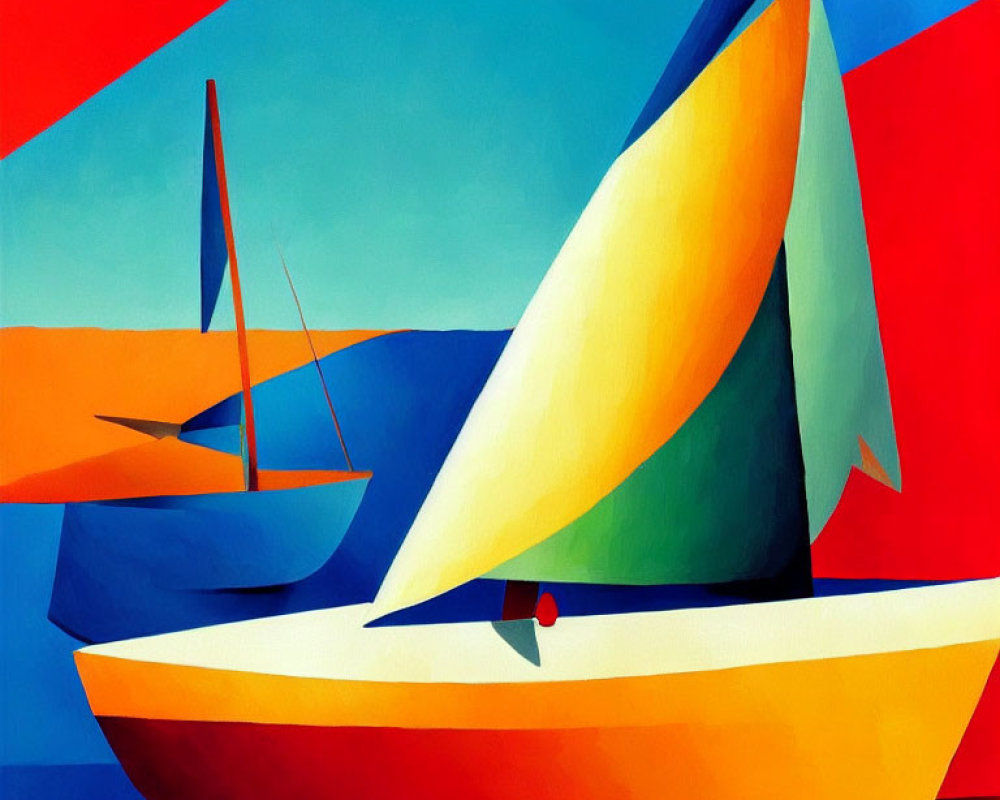 Colorful Abstract Sailing Boat Painting on Calm Sea