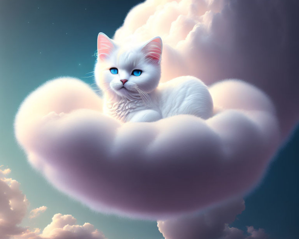 White Cat with Blue Eyes Resting on Cloud in Pastel Sky