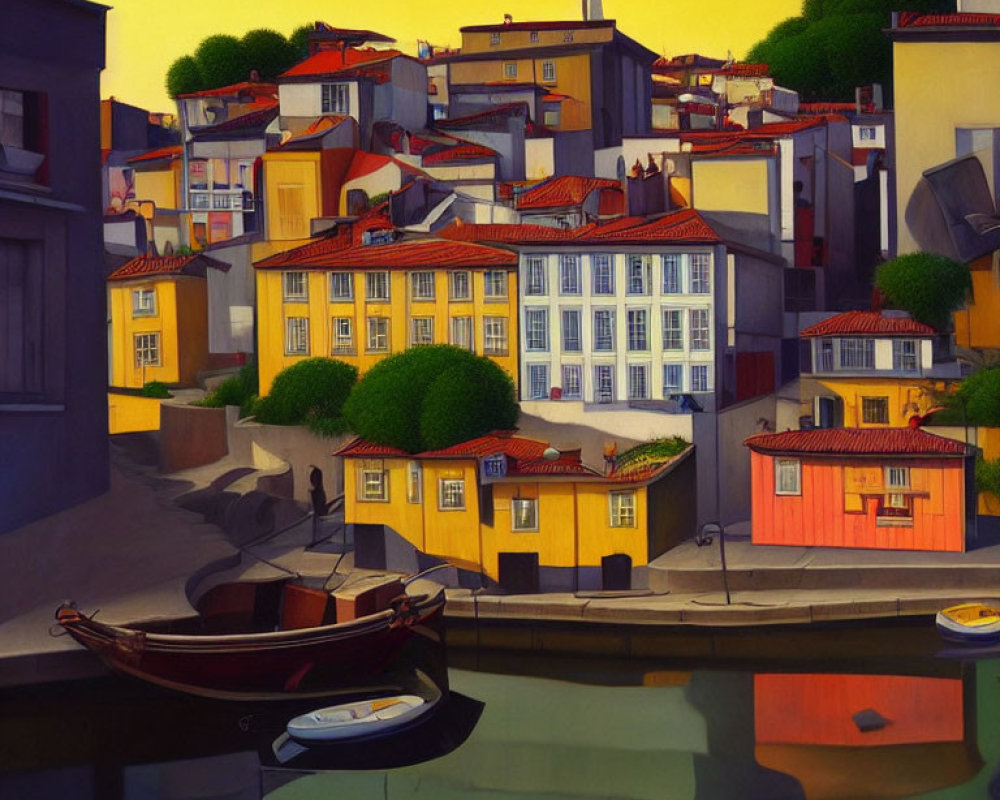 Colorful coastal town painting with boats and rooftops