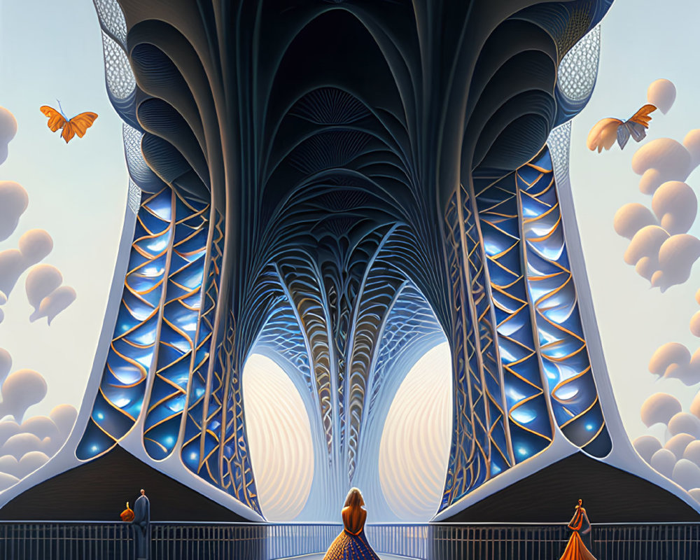 Futuristic illustration of person, figures, and golden birds in grand symmetrical architecture