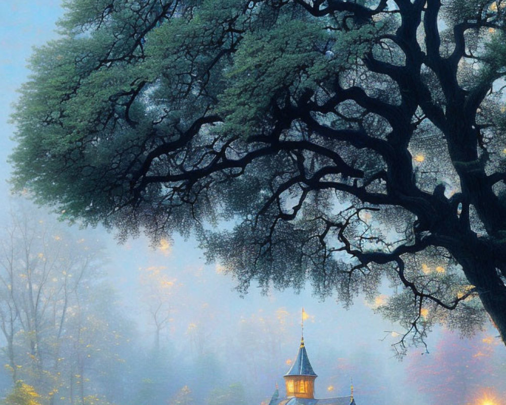 Majestic tree with lush canopy over quaint, illuminated cottage in serene, misty forest at twilight