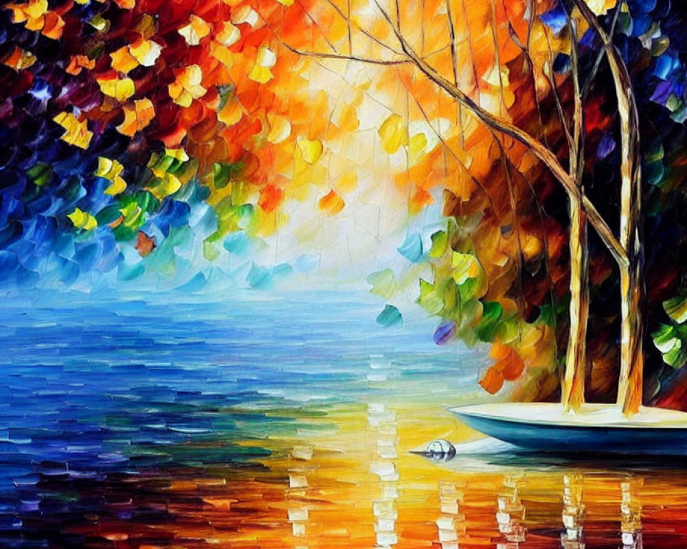 Colorful Autumn Trees Painting by Tranquil Lake with Boat