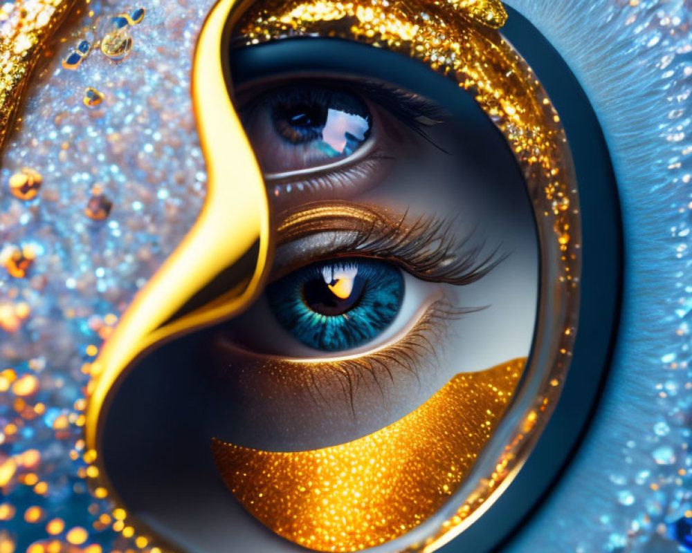 Detailed Blue Eye with Golden Glitter Makeup and Teardrop Close-Up