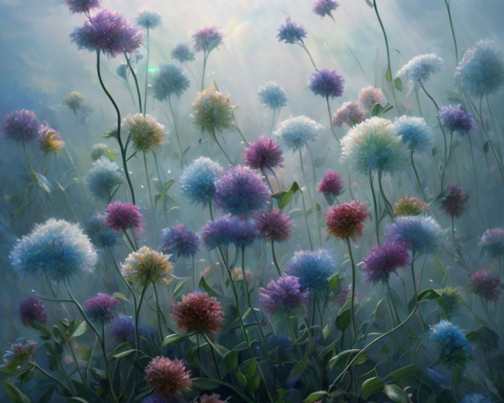 Colorful fluffy flowers in serene field under soft sunlight