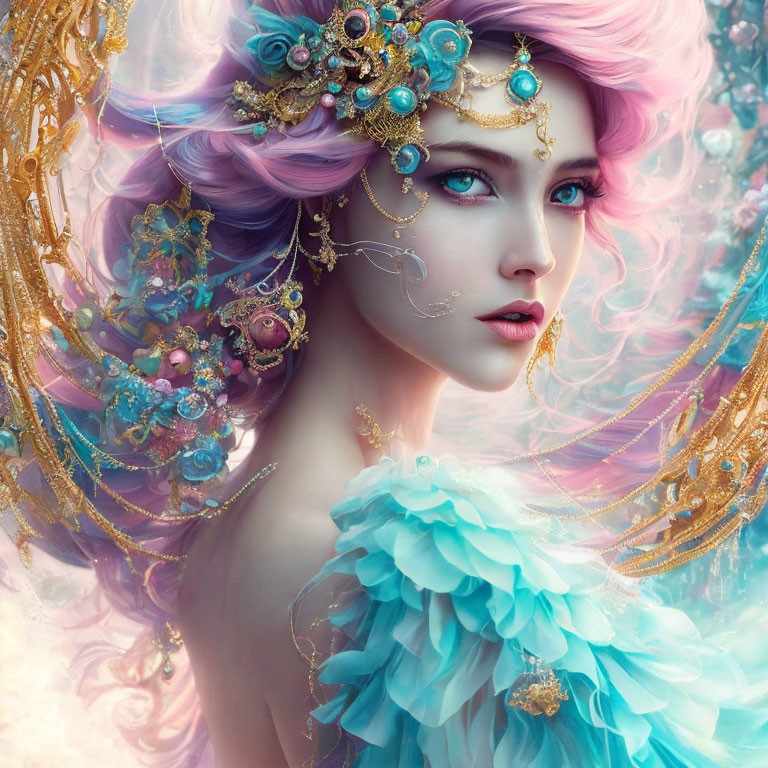 Fantastical portrait of woman with pastel hair and golden jewelry