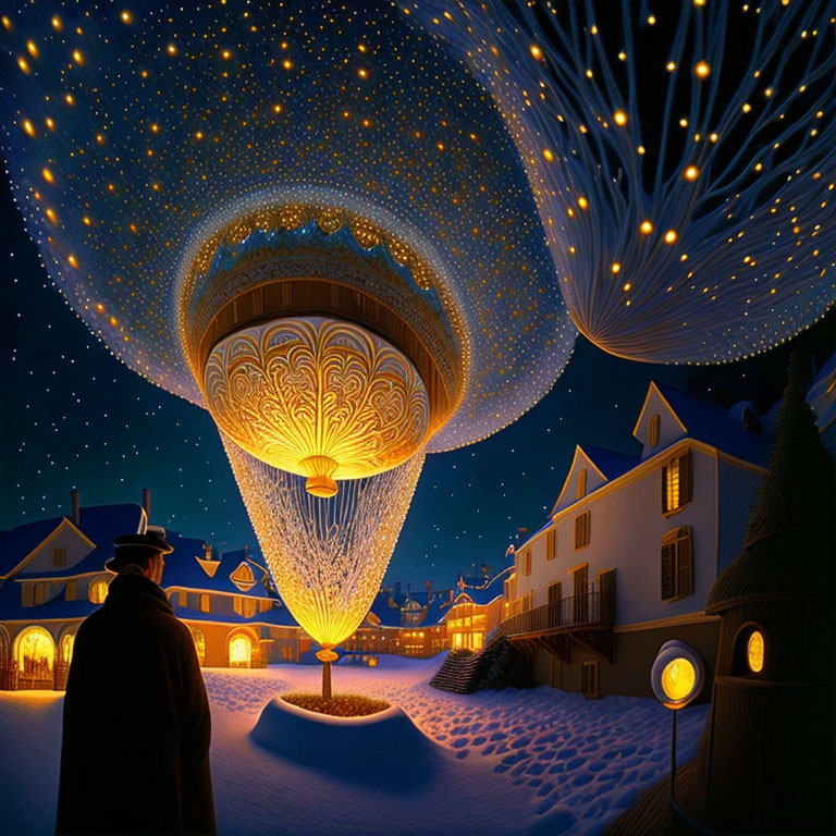 Man watching glowing hot air balloons over snow-covered village at night