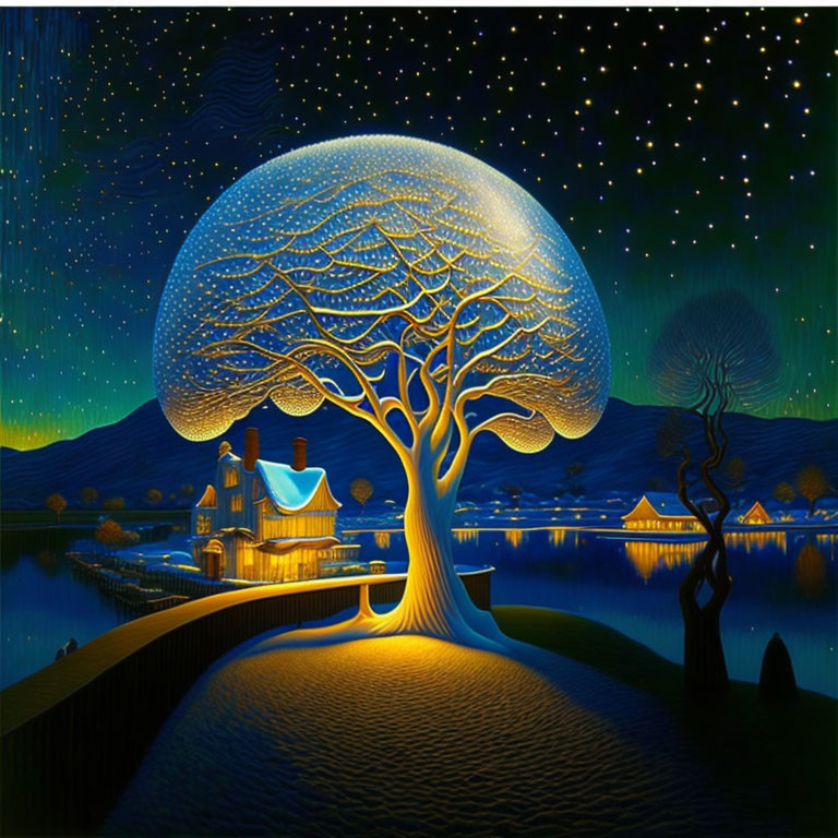 Luminous tree painting with swirling branches over tranquil lakeside village