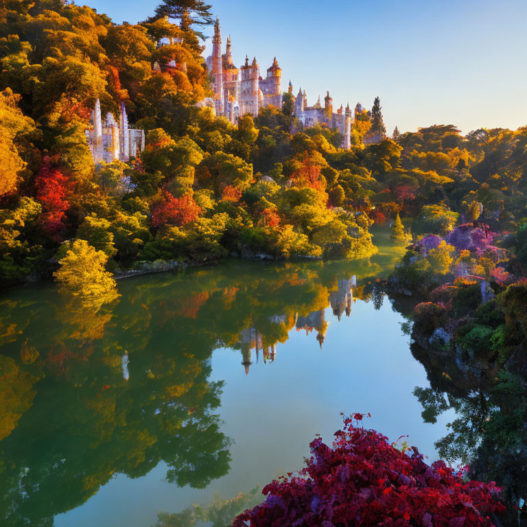 Ornate palace surrounded by autumn trees and tranquil lake