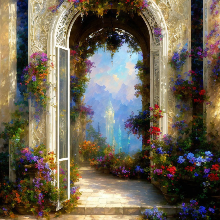 White door opens to garden path with colorful flowers and distant mountains under luminous sky