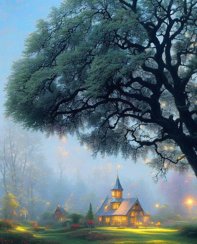 Majestic tree with lush canopy over quaint, illuminated cottage in serene, misty forest at twilight