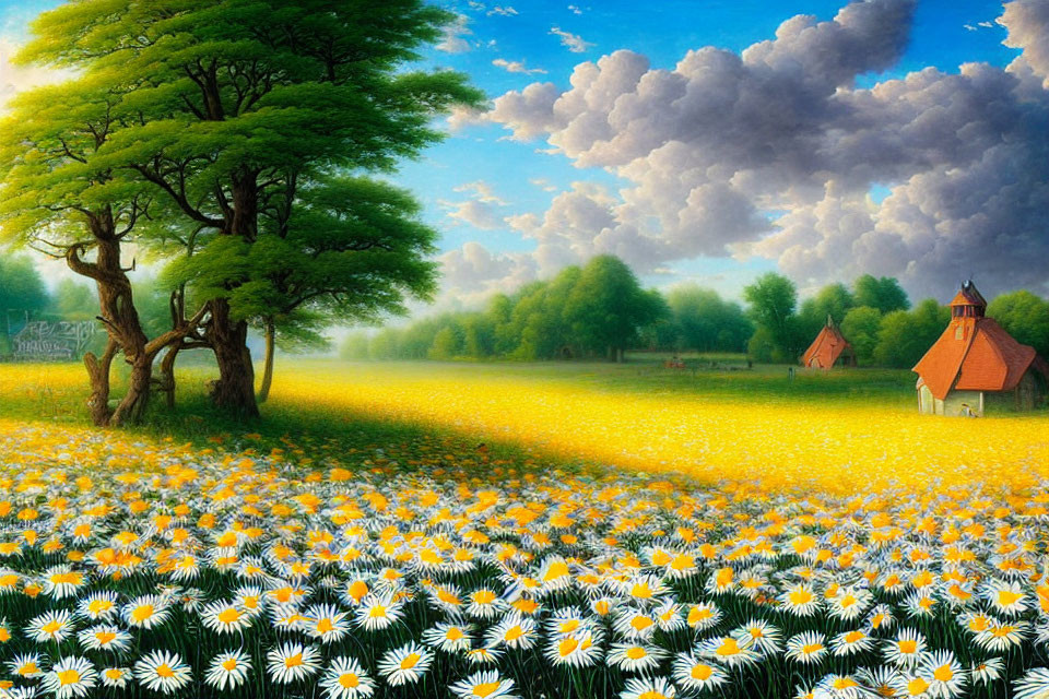 Scenic landscape with daisies, tree, cottages, and clear sky