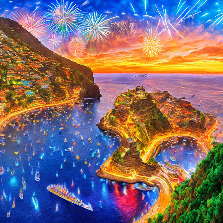 Colorful fireworks illuminate coastal town at sunset with boats and lush green scenery