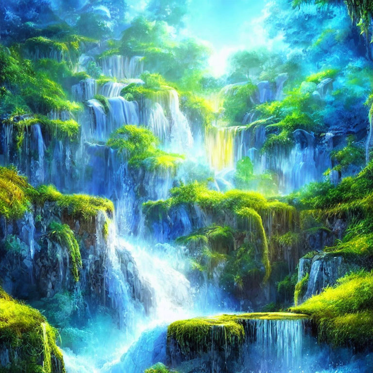 Lush Waterfall Oasis Painting with Bright Green Foliage