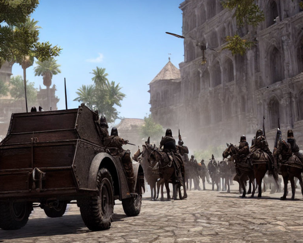 Abandoned wooden cart on cobblestone street with mounted soldiers and gothic architecture.